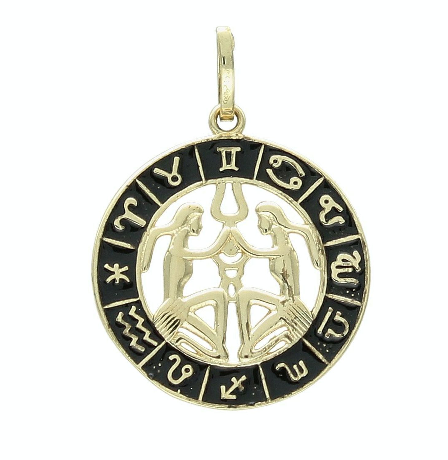 Złota zawieszka 585 znak zodiaku Bliźnięta z czarną emalią w kółku ZA 7310H.jpg